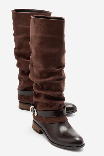 Moka Women's Brown Shiny Leather/Suede Drawstring Buckle Long Boots