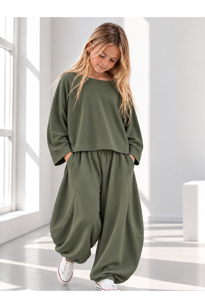 Girl's Set - Soft Modal Fabric Mona Pastel Khaki Comfortable Loose-Fitting Blouse