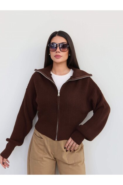 Layered Collar Zippered Knitwear Cardigan