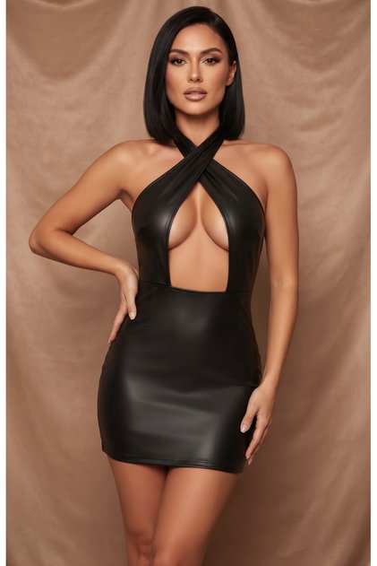 Zippered Backless Mini Leather Look Dress