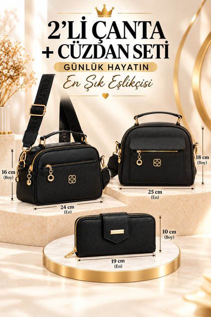 Women's Black Hand and Shoulder Bag with Three Compartments and Black and Black + Wallet Card Holder