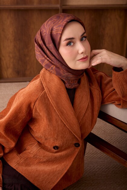 Eșarfă din mătase twill, florală, Paisley, Burgundy