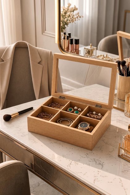 Bambu Kapaklı 6 Bölmeli Çay Kutusu & Takı, Saat Kutusu Çok Amaçlı Organizer
