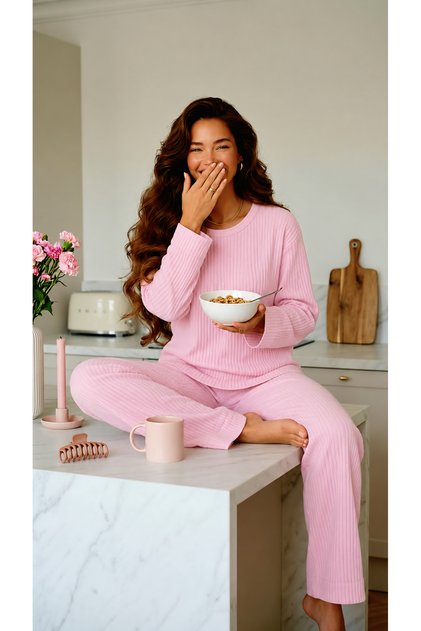 Women's Long Sleeve Patterned Report Fabric Soft Pajama Set – Relaxed Fit Crew Neck Bottom Top Set