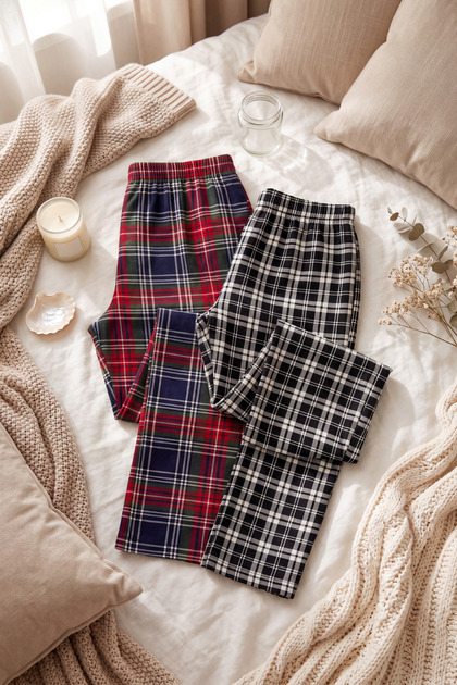 Women's Plaid Patterned Pajama Bottoms, 2-Piece Set, Elastic Waistband, Comfortable Fit.