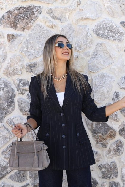 Navy Blue Striped Buttoned Design Blazer
