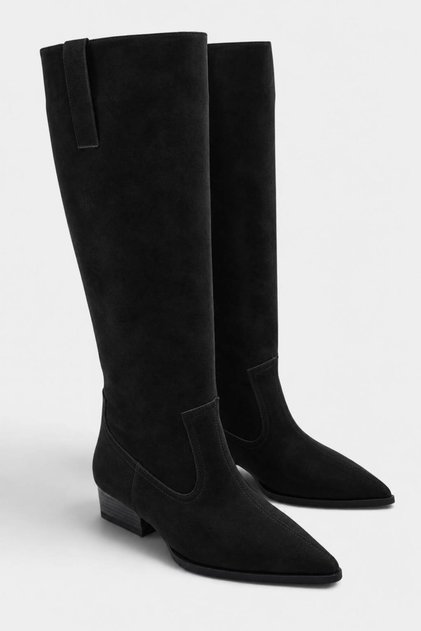 Women's Black Suede Pointed Toe Short Heel Western Boots