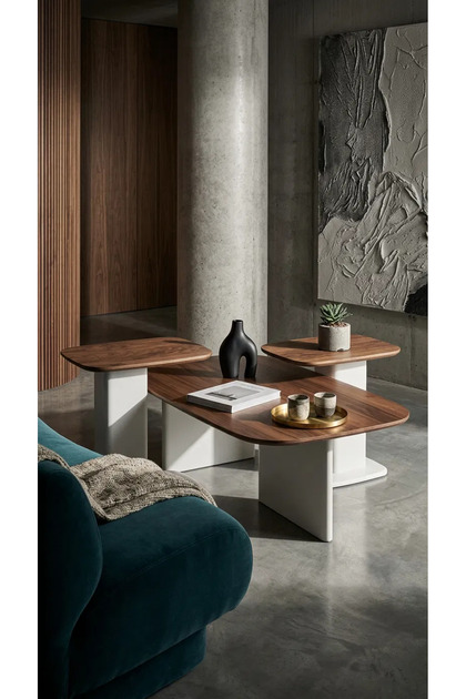 Enza 2+1 Orta Sehpa Takımı MDF Ceviz Kaplama Krem Lake Kare Ayaklı