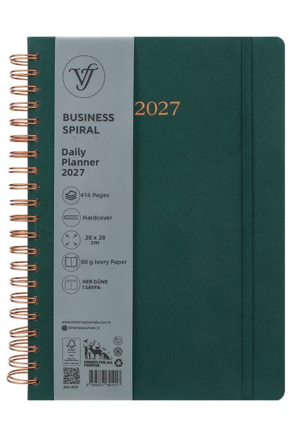 Business-2027 Year Daily Spiral Agenda 20X28 Cm. One Page Per Day-Green