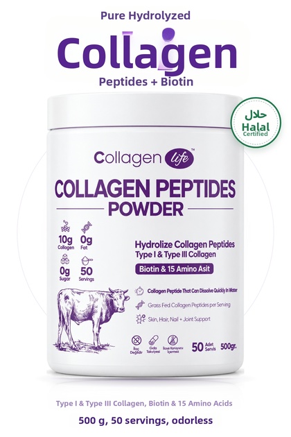 Dietary Supplement Containing 100% Pure and Natural High Bioactive Double Hydrolyzed Collagen Peptides 50-Day
