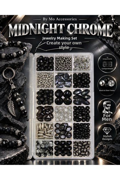 🖤 midnight chrome 18-piece men's jewelry making kit – black, smoke, and silver beaded, matte & shiny crystal, and metallic accessory set for men's bracelet, necklace, and keychain designs ⛓️✨