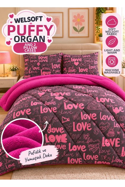 Pilotă dublă Welsoft Premium cu husă de pernă reversibilă Mürdüm Love