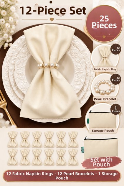 Cream 12-Piece Fabric Napkin Set 45X45Cm | 25 Pieces with Pearl Ring and Bag | Guest House and Dowry Tableware Presentation Napkin