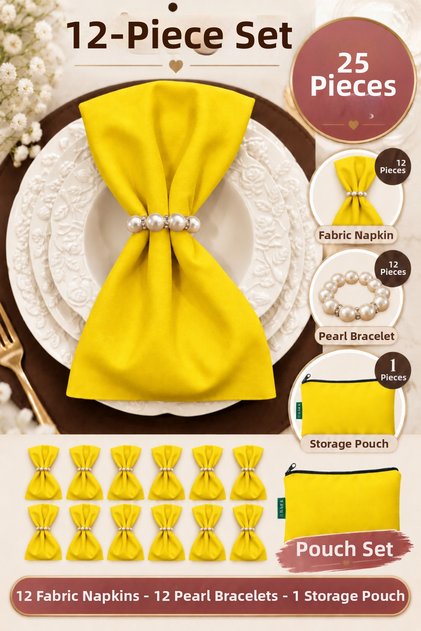 Limon Set of 12 Fabric Napkins 45X45Cm |   25 Pieces with Pearl Ring and Bag |   Guest House and Dowry Tableware Presentation Napkin