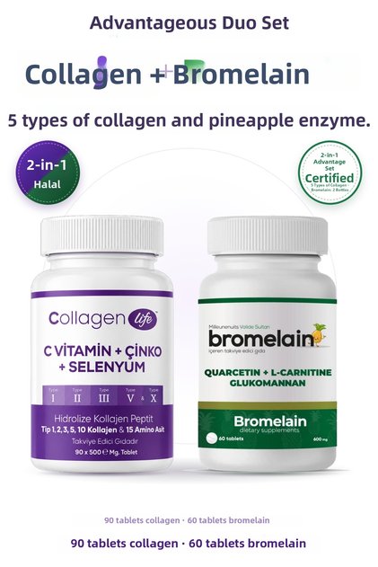 5 Types of Hydrolyzed Collagen Peptide 90 Tablets & Bromelain Complex 60 Tablets - Professional Support Set