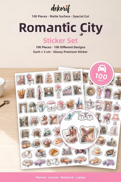 Romantic City Sticker Set 100 Pieces - Pink Car Rose Street Colorful Agenda Journal Notebook Sticker