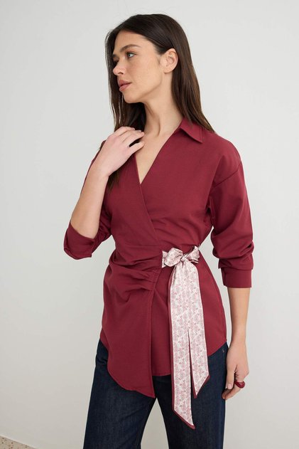 Burgundy Tie-Dye Detailed Double-Breasted Blouse Twoaw27Bz00317