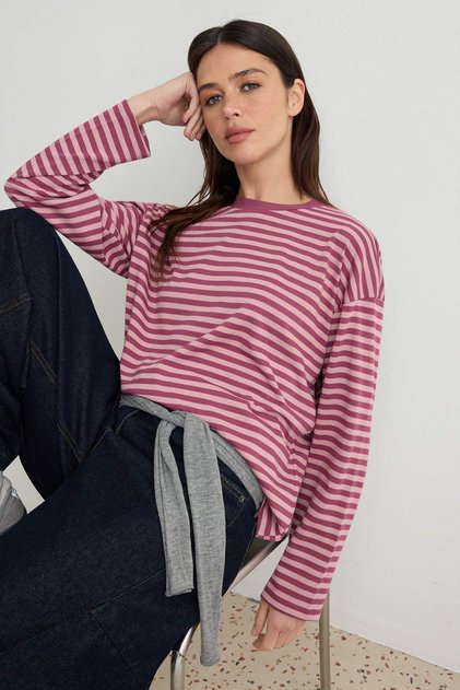 Pembe Çizgili Oversize/Geniş Kesim Bisiklet Yaka Örme T-Shirt