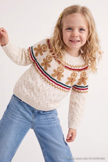 Ecru Girls' Ethnic Patterned Long Sleeve Knitwear Sweater Tkdaw27Kz00044