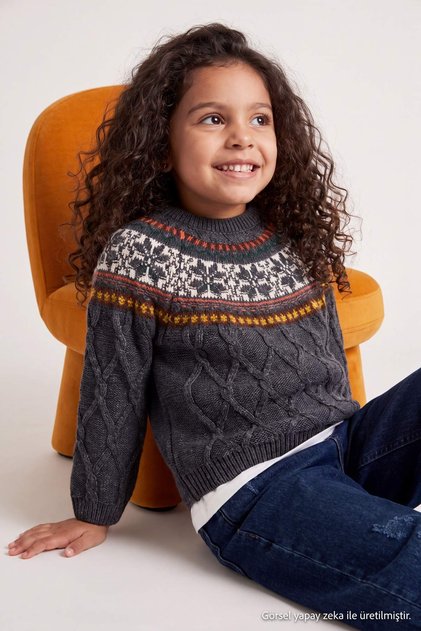 Anthracite Girls' Ethnic Patterned Long Sleeve Knitwear Sweater Tkdaw27Kz00042