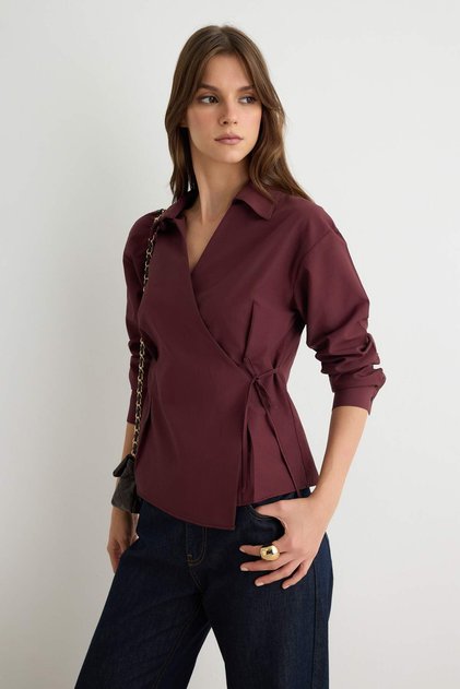 Burgundy Double-Breasted Closure Tie-Dye Detailed Regular Fit Woven Shirt Twoss25Go00029