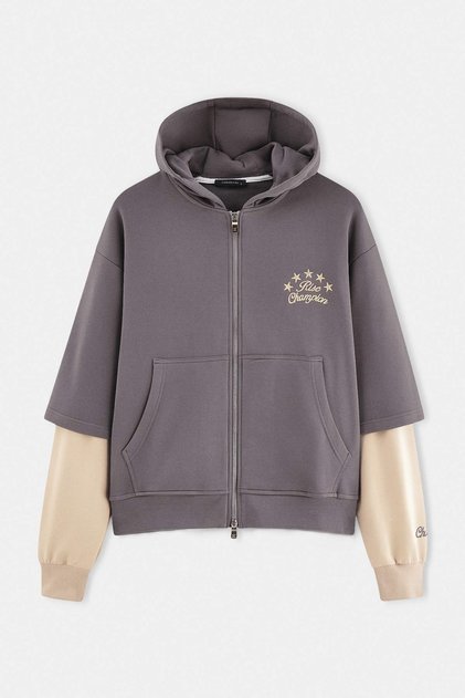 Gray Wide Fit Zippered Hooded Knitted Sweatshirt Tmnaw27Sw00061