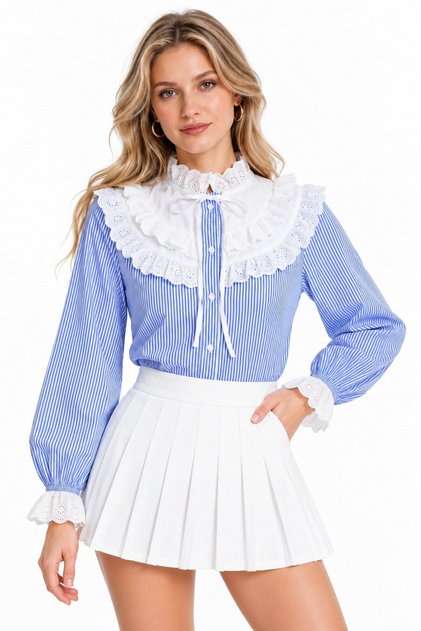 Blue Striped Wide Scallop Lace Robe with Bow Tie Shirt