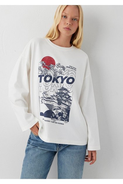 Tokyo Baskılı Uzun Kollu Tişört Oversize / Geniş Kesim 1620322-70057