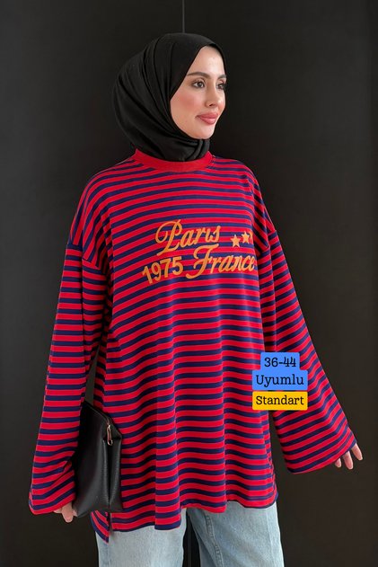 Women's Combed Cotton Fabric Letter Printed Crew Neck Striped Tunic 390.2