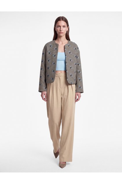Crew Neck Long Sleeve Plaid Floral Embroidered Oversize Seasonal Jacket