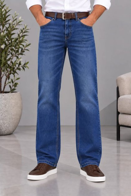 Men's Baggy Fit Jean Marcus Hunter High Waist Straight Cut Flexible Blue Denim Trousers C346