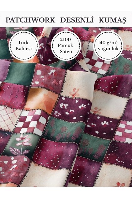 100% Cotton Satin Patchwork Fabric – 155X100 cm – Square Pattern in Burgundy and Emerald Shades