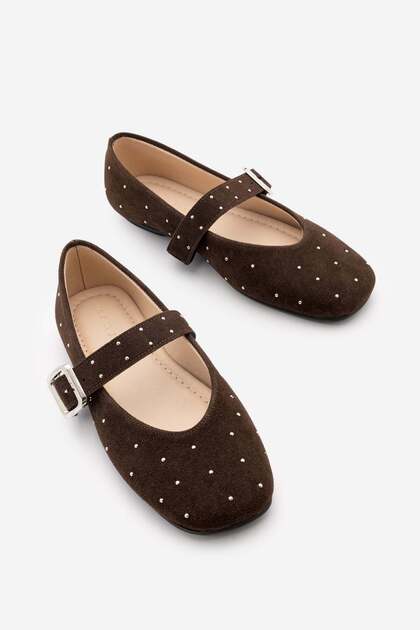 Women's Blunt Toe Buckled Studded Ballerinas Velona Brown Suede