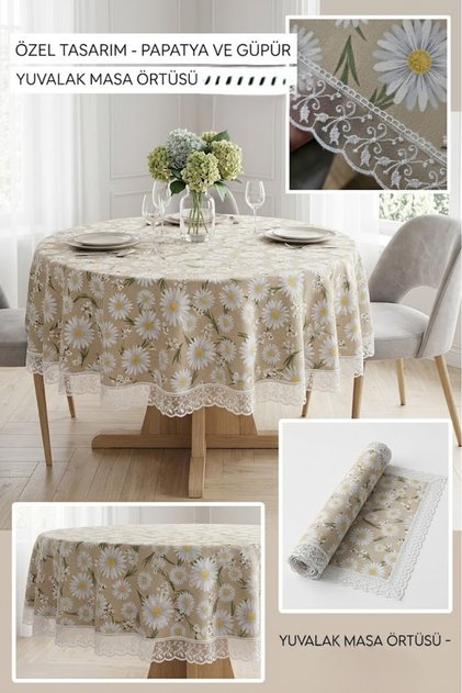Round Tablecloth Daisy Patterned Lace Waterproof Stain Resistant Wipeable Decorative Kitchen Living Room Balcony Garden Cover