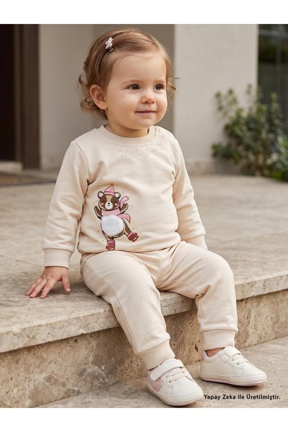 Bereli Teddy Bear Printed 6-18 Months Set - Beige 12-18 Months