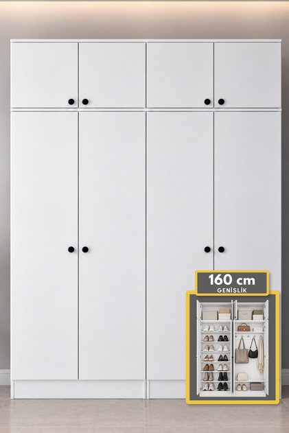 Rani EA176 Modern Portmanto 8 Kapaklı Raflı Askılı Ayakkabılık Vestiyer Beyaz
