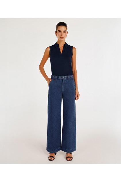 High Waist Wide Leg Denim Trousers with Braided Belt Detail