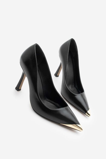 Women's Stiletto Pointed Toe Gold Detailed Classic Heeled Shoes Ginez Black