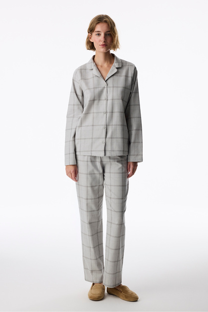 Gray Margot Cotton Checked Plaid Long Sleeve Buttoned Shirt Pants Pajama Set