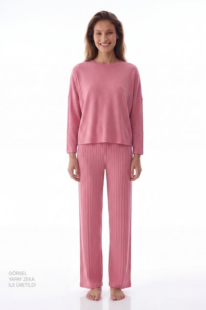 Gül Kurusu Rosy Pink Uzun Kollu Pantolon Pijama Takımı