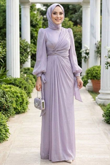 Drape Detailed Lilac Hijab Evening Dress 52285Lila