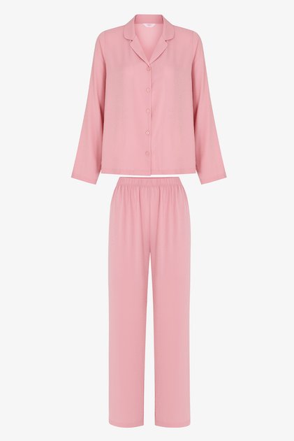 Pink Aurora Satin Crisp Flower Pattern Long Sleeve Button up Shirt Pants Pajama Set