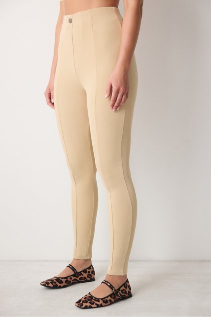 Beige High Waist Buttoned Ankle Length Leggings