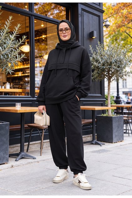 Kangaroo Pocket Modal Tracksuit Set – Hooded - Black