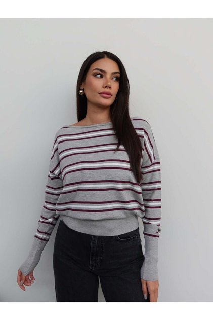 Striped One-Shoulder Slim Knit Sweater