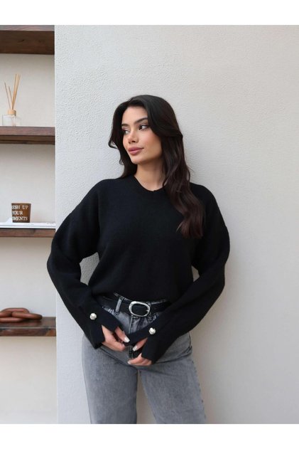 V-Neck Button Sleeve Soft Sweater