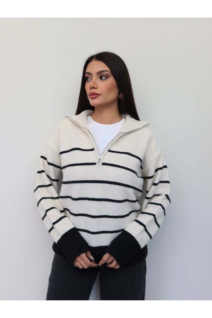 Half-Zip Striped Knit Sweater