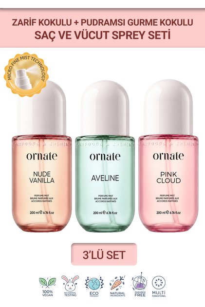 Body Mist 3'lü Set, Pink Cloud, Aveline ve Nude Vanilla, Vanilya, Çiçeksi ve Tropikal Notalı Saç ve Vücut Spreyi 200 ml