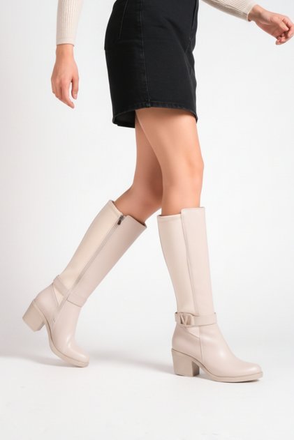 Cream Leather Look Back Stretch Flexible Thick Medium High Heel V Metal Detail Zippered Long Boots