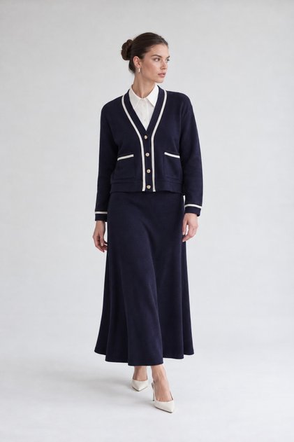 Pearl Striped Skirt Suit Navy Blue